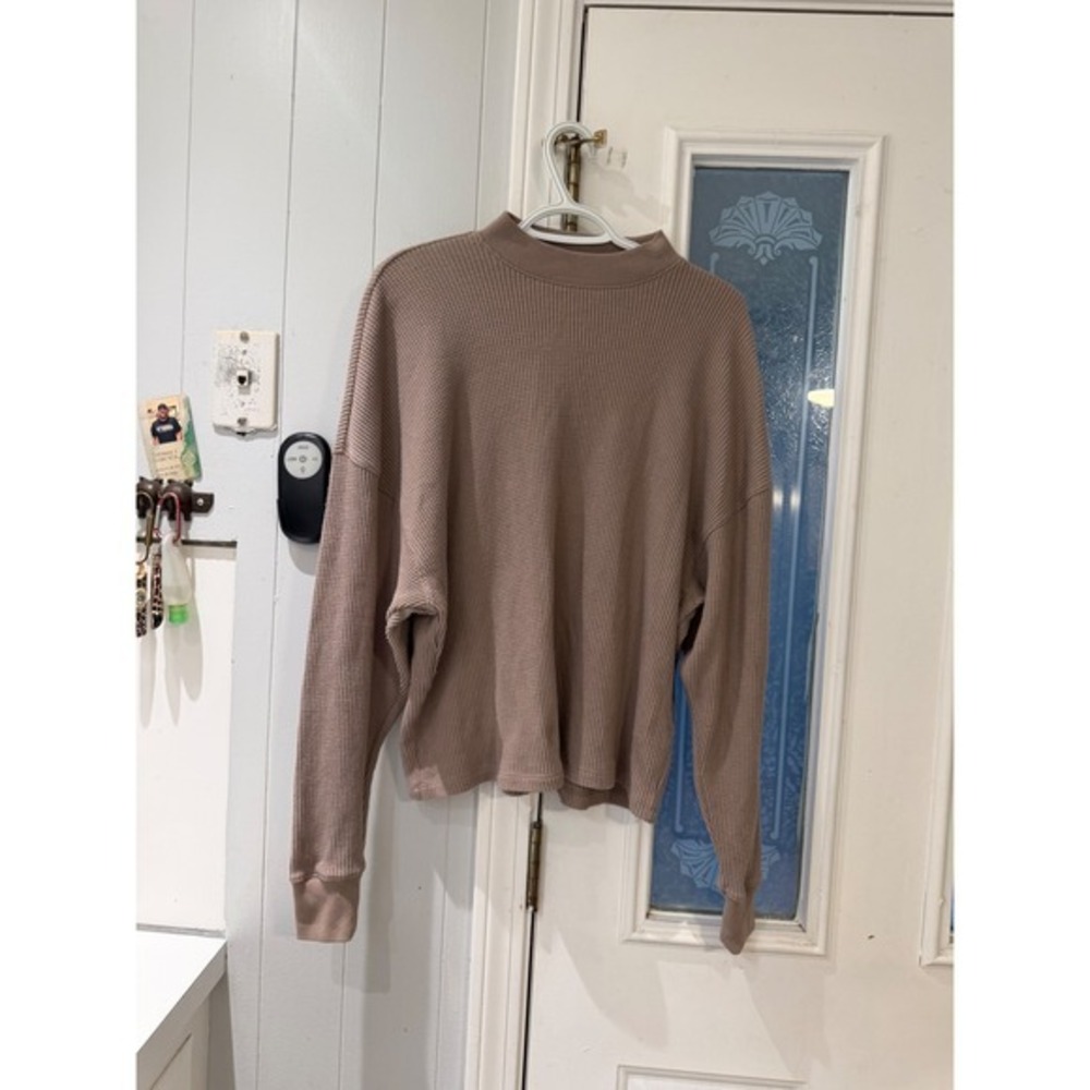 Abercrombie & Fitch Essentials Waffle Knit Mock Neck Top Taupe Brown XXS/XS